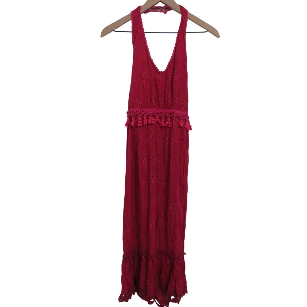 Odd Molly Women Sz L Pink Red Halter Tiered Tassel Dress Boho Romantic